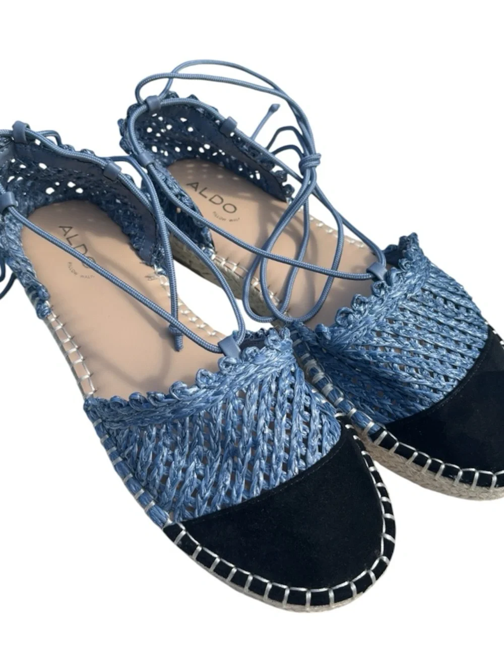 ALDO Picot Espadrille Lace-Up Sandal Wedge Boho Denim Size 8